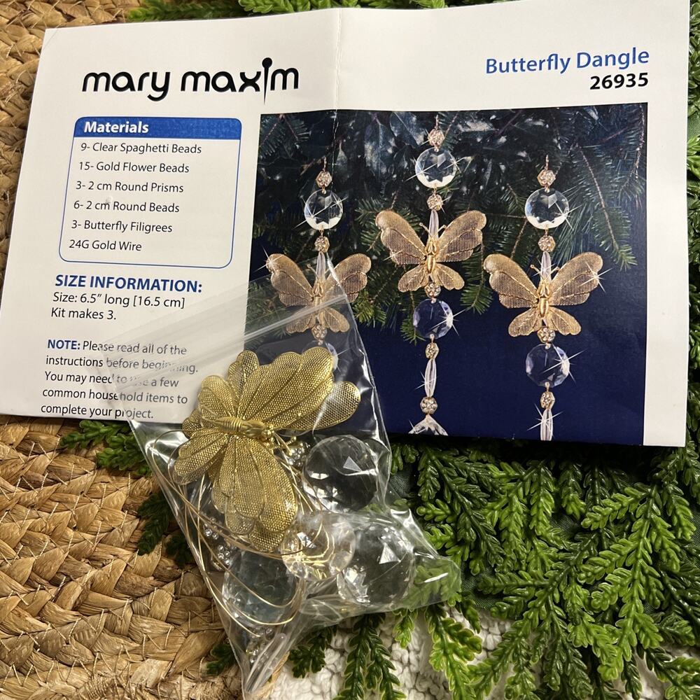 Mary Maxim Butterfly Dangle Kit 26935 Makes 3 Christmas Ornaments DIY Craft 6.5”
